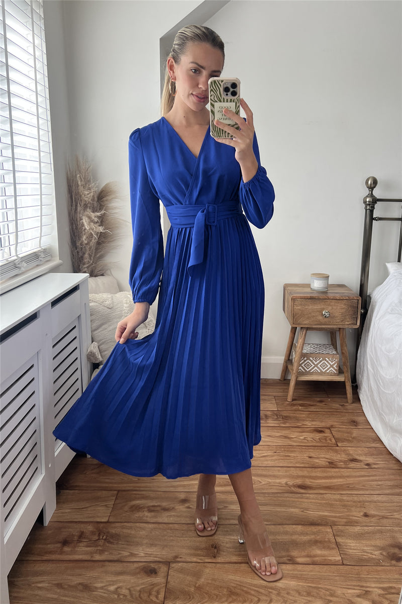 Navy floral long sleeve pleated midi dress discount