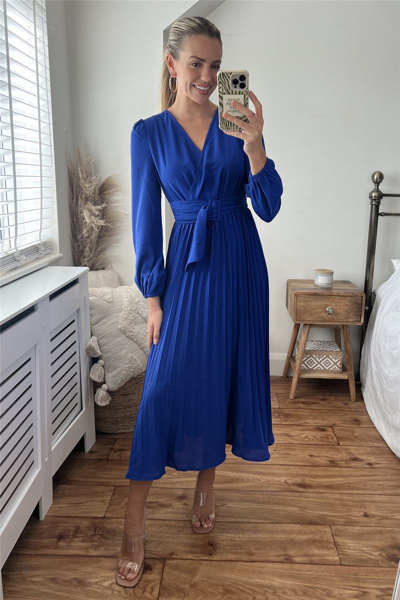 Blue Long Sleeve Pleated Midi Dress Miss Floral 0101