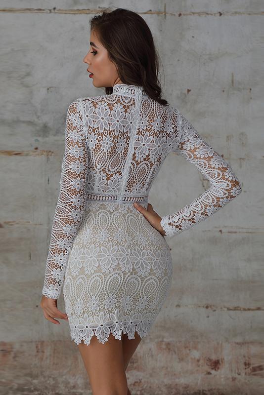 High Neck Openwork Lace Dress In White – Miss Floral
