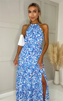 Blue Leafy Floral Halter Neck Maxi Dress with Side Slit - Miss Floral