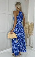Blue Floral Halter Neck Maxi Dress with Side Slit - Miss Floral