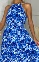 Blue Floral Halter Neck Maxi Dress with Side Slit - Miss Floral