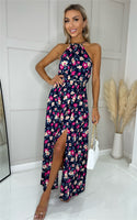 Navy and Pink Floral Halter Neck Maxi Dress with Side Slit - Miss Floral