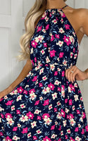 Navy and Pink Floral Halter Neck Maxi Dress with Side Slit - Miss Floral