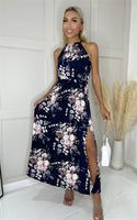 Navy Floral Halter Neck Maxi Dress with Side Slit - Miss Floral