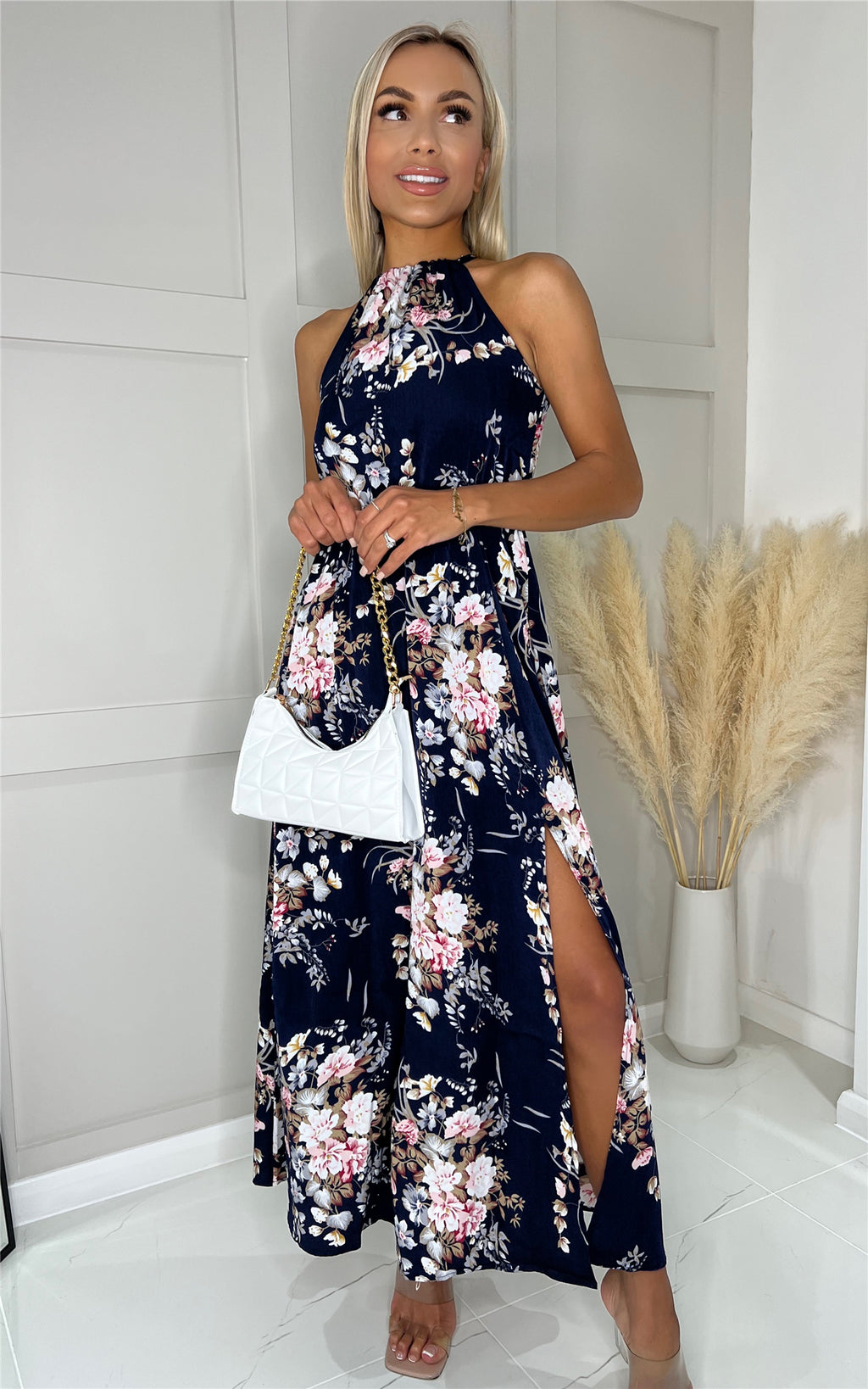 Navy Floral Halter Neck Maxi Dress with Side Slit - Miss Floral