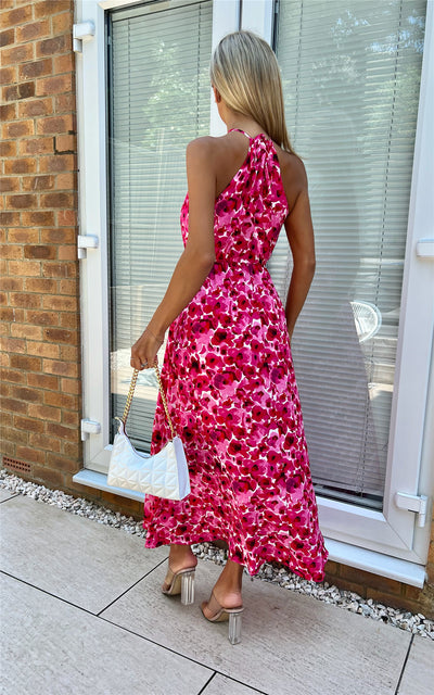 Pink Floral Halter Neck Maxi Dress with Side Slit - Miss Floral