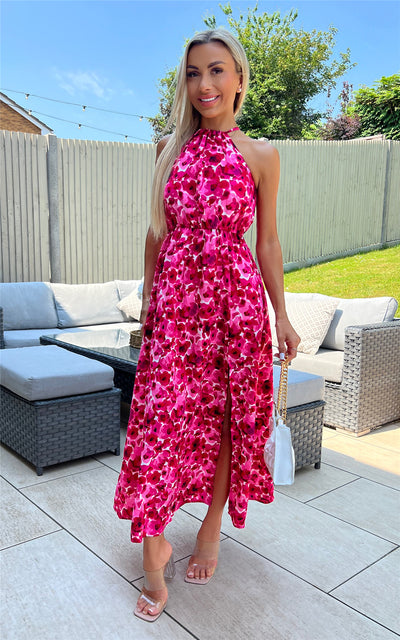 Pink Floral Halter Neck Maxi Dress with Side Slit - Miss Floral