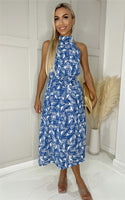 Floral 3D Leafy Halterneck Midi Dress In Blue With Belt - Miss Floral