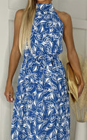 Floral 3D Leafy Halterneck Midi Dress In Blue With Belt - Miss Floral