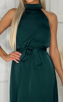 Sleeveless Halterneck Midi Dress with Belt in Matte Emerald Green - Miss Floral
