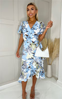 Angel Sleeve Floral Frill Hem Midi Wrap Dress In Blue - Miss Floral