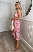 Floral Print Halter Midi Dress with Frill Hem and Waist Belt - Pink Palette - Miss Floral