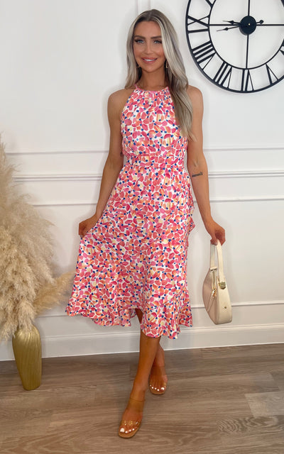 Floral Print Halter Midi Dress with Frill Hem and Waist Belt - Pink Palette - Miss Floral