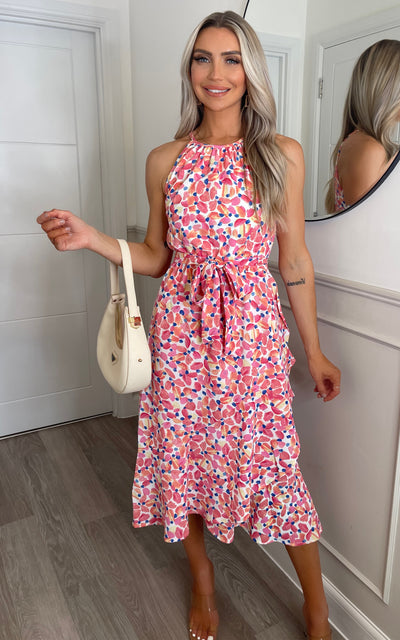Floral Print Halter Midi Dress with Frill Hem and Waist Belt - Pink Palette - Miss Floral
