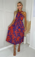 Halterneck Abstract Paint Midi Dress In Blue And Red With Belt - Miss Floral