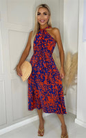 Halterneck Abstract Paint Midi Dress In Blue And Red With Belt - Miss Floral