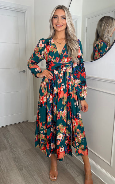 Green Long Sleeve Midi Shirt Dress, Miss Floral