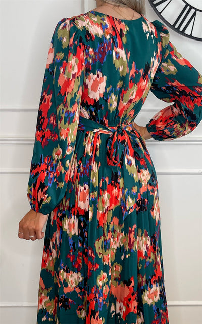 Tie Waist Long Sleeve Abstract Paint Pleated Midi Dress In Emerald Green - Miss Floral