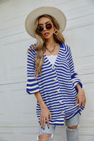 Long Sleeve Button Front Striped Knitted Cardigan In Blue - Miss Floral