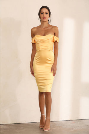 Off Shoulder Bodycon Dress In Yellow Satin - Miss Floral