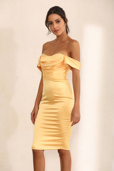 Off Shoulder Bodycon Dress In Yellow Satin - Miss Floral