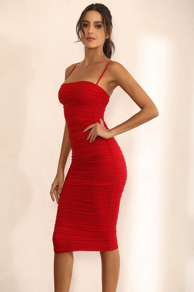 Ruched Mesh Bodycon Midi Dress In Red - Miss Floral