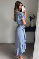 Floral Print Frill Midi Wrap Dress In Blue - Miss Floral