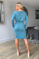Long Sleeves Ruched Front Dress In Teal - Miss Floral