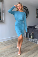 Long Sleeves Ruched Front Dress In Teal - Miss Floral