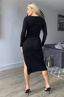 Long Sleeves Bodycon Split Knitted Midi Dress In Black - Miss Floral