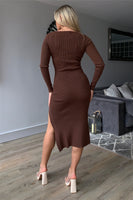 Long Sleeves Bodycon Split Knitted Midi Dress In Brown - Miss Floral