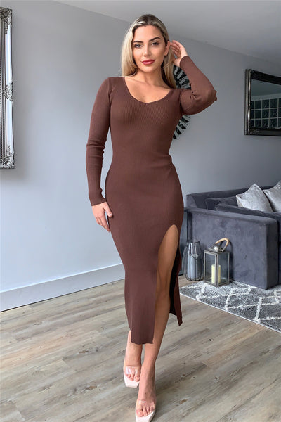 Long Sleeves Bodycon Split Knitted Midi Dress In Brown - Miss Floral