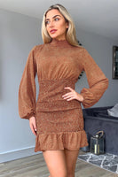 Long Sleeve Ruffle Hem Shirred Chiffon Mini Dress In Brown - Miss Floral
