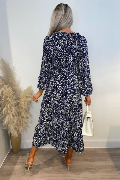 Long Sleeve Dalmatian Spot Belted Midi Dress In Navy - Miss Floral