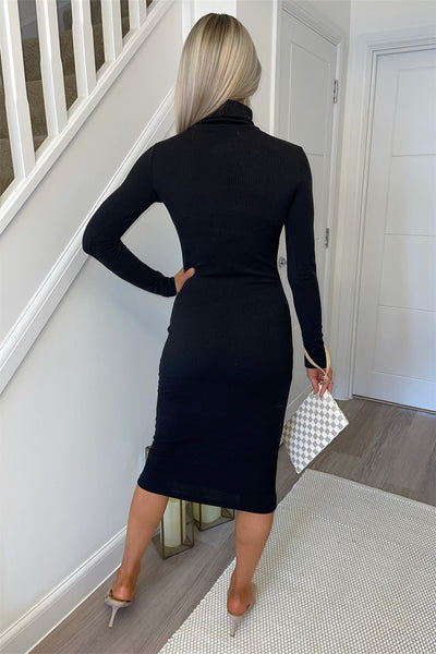 Long Sleeves Turtle Neck Bodycon Knitted Midi Dress In Black - Miss Floral