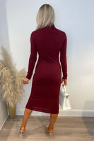 Long Sleeves Turtle Neck Bodycon Knitted Midi Dress In Burgundy - Miss Floral