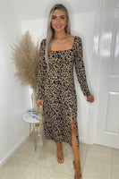 Long Sleeve Square Neck Leopard Split Midi Dress - Miss Floral
