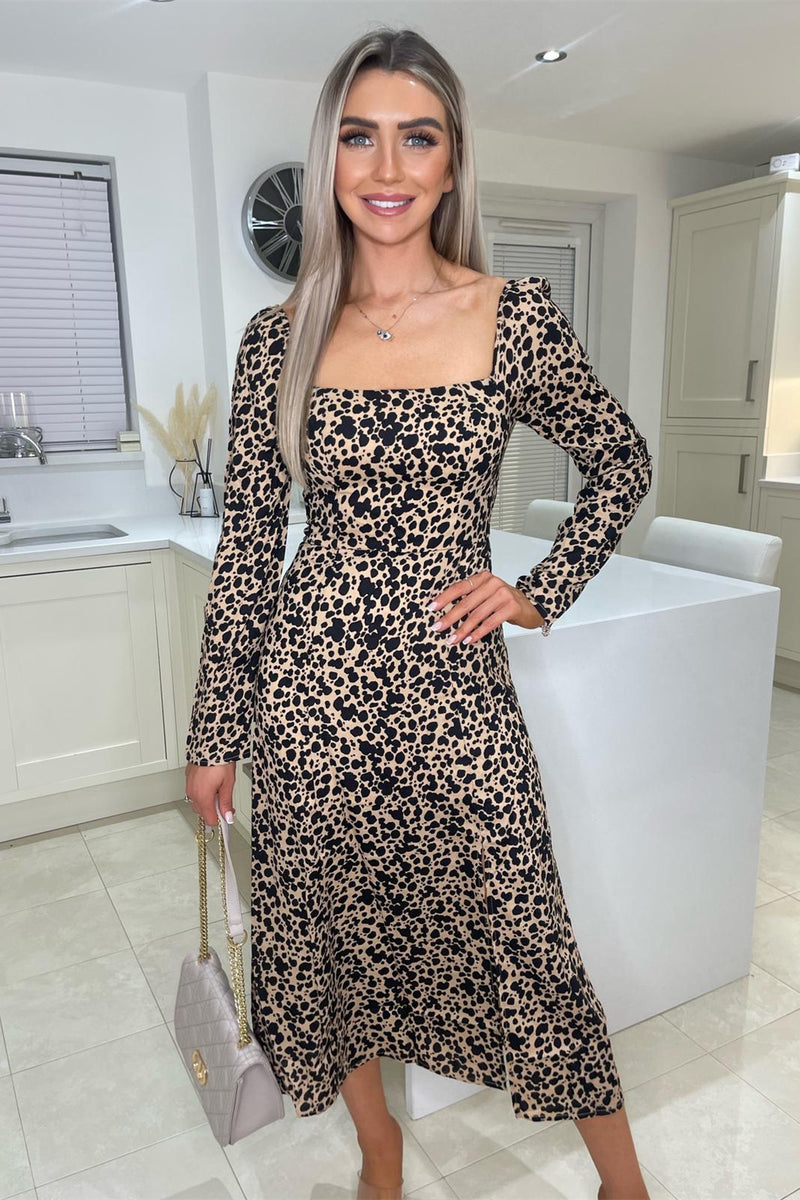 Long Sleeve Square Neck Leopard Split Midi Dress
