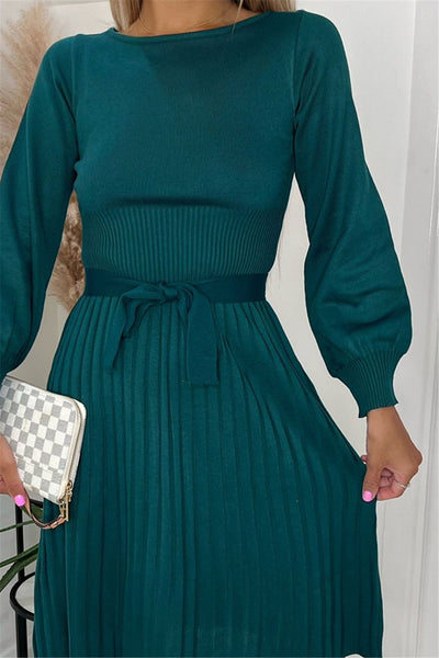 Teal Green Long Sleeve Knitted Pleat Dress - Miss Floral