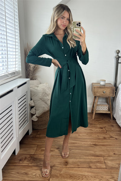 Green Long Sleeve Midi Shirt Dress - Miss Floral