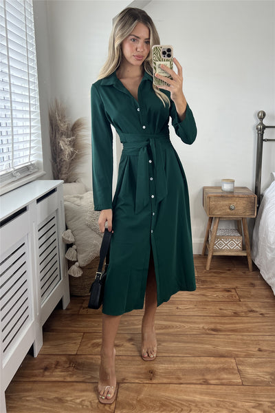 Green Long Sleeve Midi Shirt Dress - Miss Floral