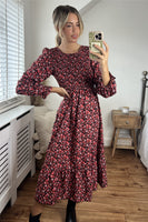 Red Floral Long Sleeve Midi Dress - Miss Floral