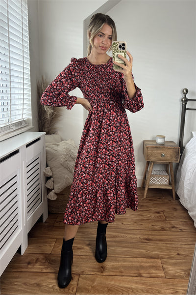 Red Floral Long Sleeve Midi Dress - Miss Floral