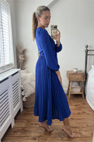 Blue Long Sleeve Pleated Midi Dress - Miss Floral