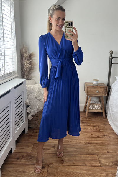 Blue Long Sleeve Pleated Midi Dress - Miss Floral