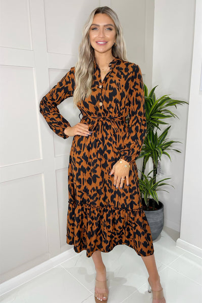 Leopard Long Sleeve Midi Shirt Dress In Brown - Miss Floral