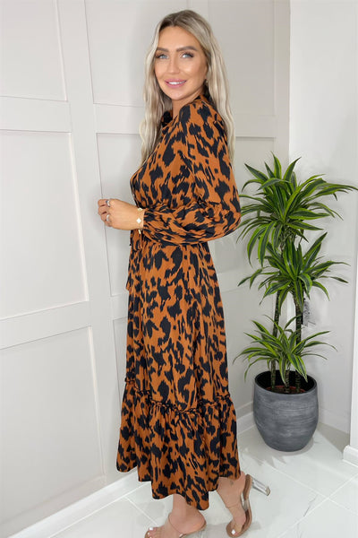 Leopard Long Sleeve Midi Shirt Dress In Brown - Miss Floral