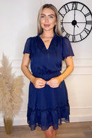 Angel Sleeve Tie Neck Sheer Mini Dress In Navy - Miss Floral