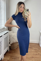 Cap Sleeve High Neck Bodycon Ribbed Midi Dress In Navy - Miss Floral